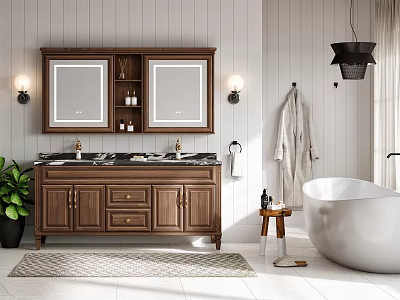 Wooden Bathroom Vanity Cabinet with Double Sinks Mirrors and Bathtub in Modern Bathroom 3d model
