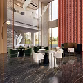 Modern Hotel Lobby With Stylish Chandelier Green Plants Comfortable Sofas And Marble Coffee Table