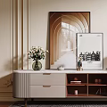Elegant TV Stand with Drawers Open Shelves and Decorative Vase Lamp Artwork