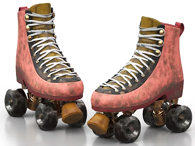 Stylish Pink And Black Roller Skates With White Laces And Brown Black Wheels 3d model