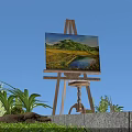 Art Supplies Easel With Scenic Landscape Painting Near Green Plants And Stones Under Blue Sky