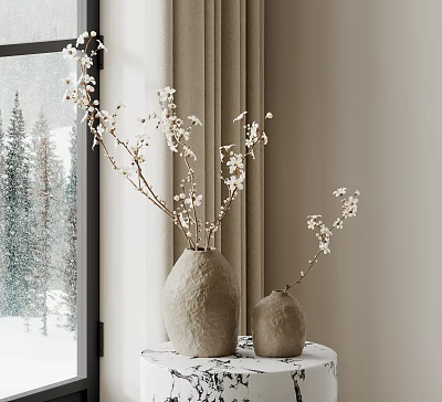 Two Textured Vases With White Flowers And Twigs In Minimalist Interior By Snowy Window 3d model
