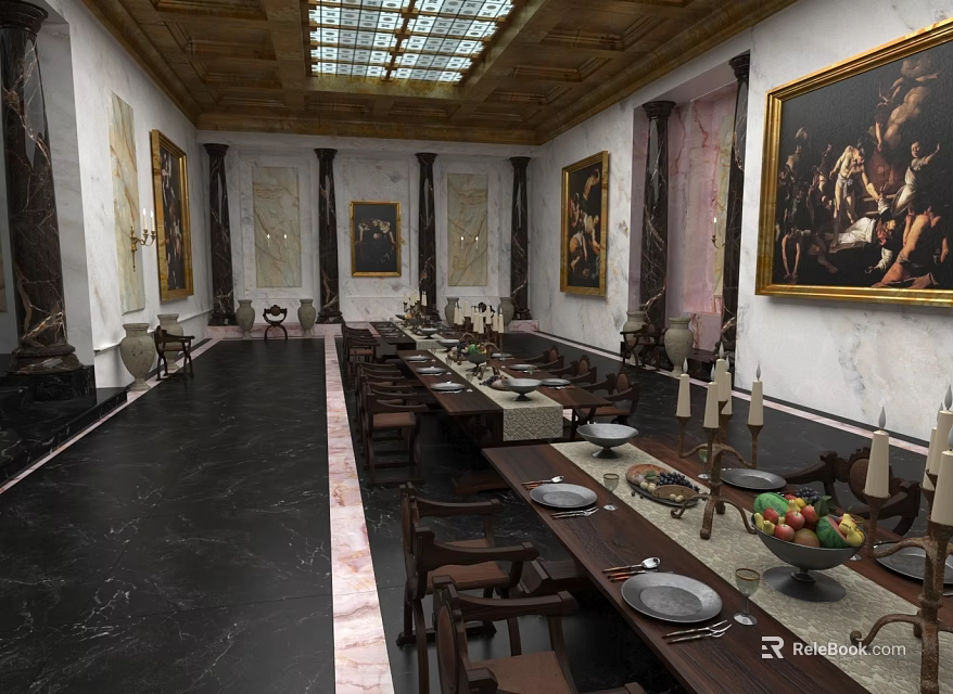 Elegant Dining Room With Long Tables Chairs Tableware Fruit Bowls And Marble Walls 3d model 