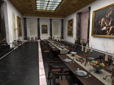 Elegant Dining Room With Long Tables Chairs Tableware Fruit Bowls And Marble Walls 3d model