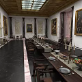 Elegant Dining Room With Long Tables Chairs Tableware Fruit Bowls And Marble Walls
