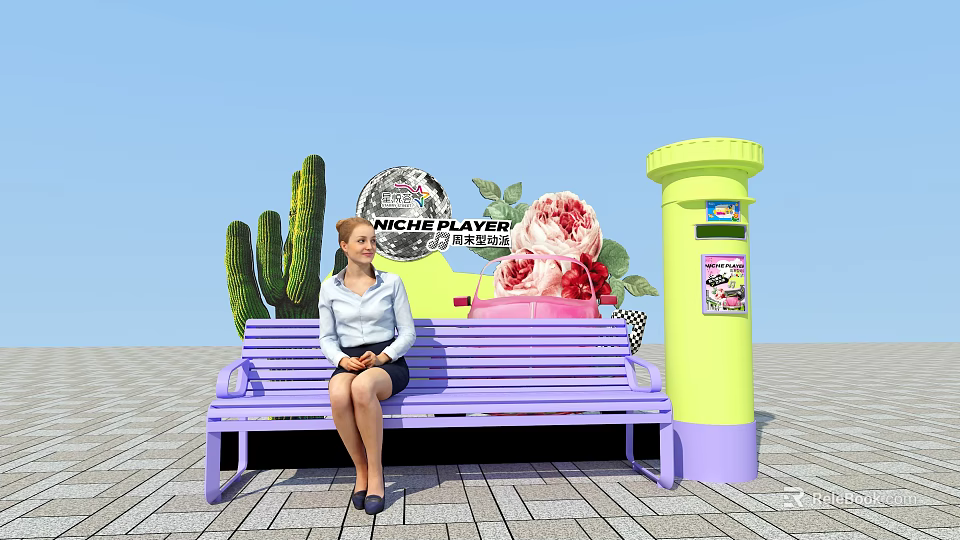 Instagrammable Photo Spot With Purple Bench Yellow Pillar Cactus Ice Cream Decoration NICHE PLAYER Sign 3d model 