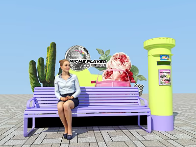 Instagrammable Photo Spot With Purple Bench Yellow Pillar Cactus Ice Cream Decoration NICHE PLAYER Sign 3d model