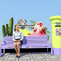 Instagrammable Photo Spot With Purple Bench Yellow Pillar Cactus Ice Cream Decoration NICHE PLAYER Sign
