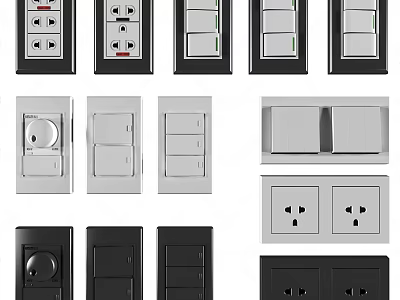 Modern Black and White Switch Panels with Various Design Switches and Sockets 3d model