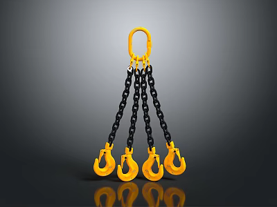 Durable Industrial Lifting Chain With Yellow Top Ring And Four Black Chain Hooks 3d model