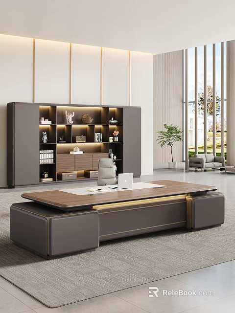 Modern Office Desk with Wooden Top Metal Accents Laptop Bookcase Decor and Large Windows 3d model 