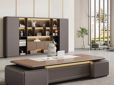Modern Office Desk with Wooden Top Metal Accents Laptop Bookcase Decor and Large Windows 3d model