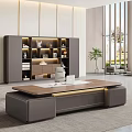Modern Office Desk with Wooden Top Metal Accents Laptop Bookcase Decor and Large Windows