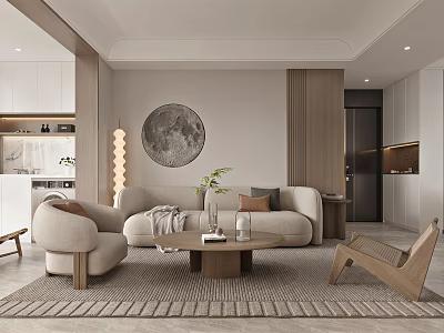 Modern Minimalist Living Dining Room With Beige Sofa Circular Moon Artwork And Wooden Furniture 3d model