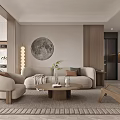 Modern Minimalist Living Dining Room With Beige Sofa Circular Moon Artwork And Wooden Furniture