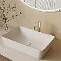 White Square Sink On Modern Bathroom Countertop With Glass Vase Green Leaves And Round Mirror