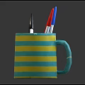 Colorful Pen Holder With Yellow And Green Stripes Containing Various Colored Pens