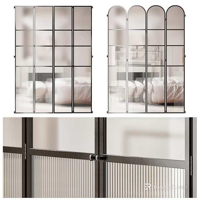 Modern Interior Sliding Glass Doors With Black Metal Frame And Frosted Glass Panels 3d model 