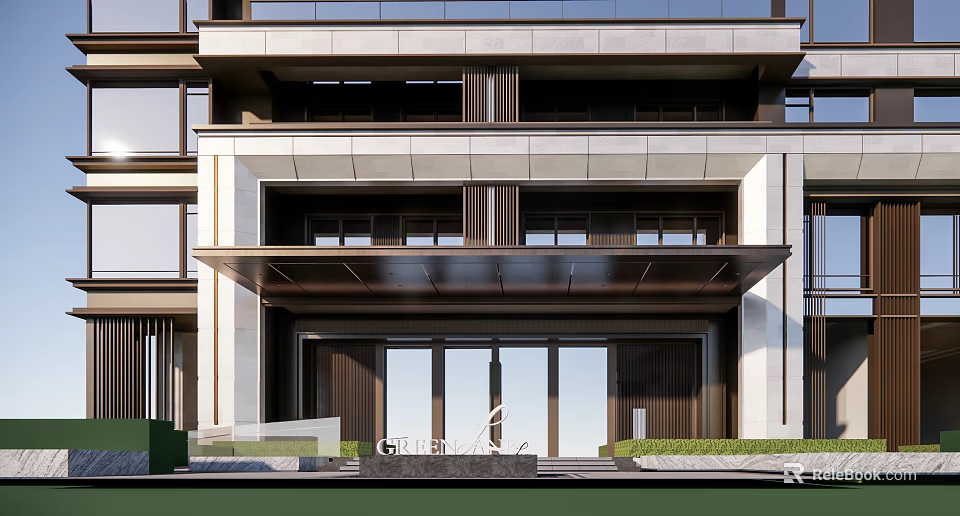 Commercial Street Modern Architecture With Glass Entrance Doors And Green Plant Decorations 3d model 