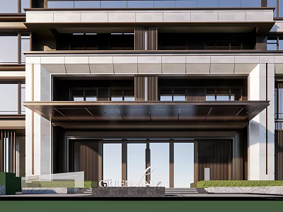 Commercial Street Modern Architecture With Glass Entrance Doors And Green Plant Decorations 3d model