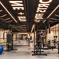 Modern Gym Interior With Fitness Equipment Treadmills And Ceiling Lighting