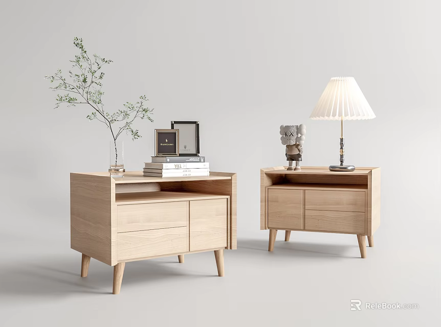 Modern Wooden Nightstands With Green Plant Books Lamp And Sculpture Decor 3d model 