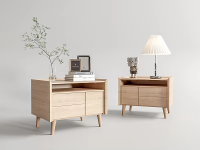 Modern Wooden Nightstands With Green Plant Books Lamp And Sculpture Decor 3d model