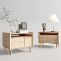 Modern Wooden Nightstands With Green Plant Books Lamp And Sculpture Decor