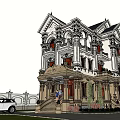 Elegant White European Detached Villa With Two Story Balcony Front Steps And Lawn