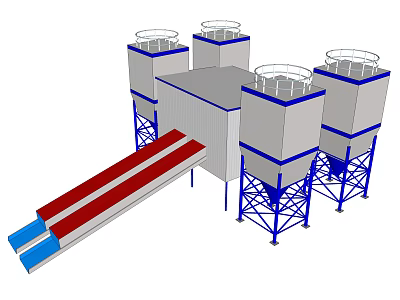Industrial Processing Equipment Featuring Tall Towers Blue Support Structures and Inclined Conveyor 3d model