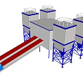 Industrial Processing Equipment Featuring Tall Towers Blue Support Structures and Inclined Conveyor