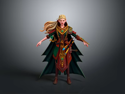 Fantasy Female Elf Character With Blonde Long Hair Green Red Ornate Cloak And Elaborate Outfit 3d model