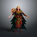Fantasy Female Elf Character With Blonde Long Hair Green Red Ornate Cloak And Elaborate Outfit