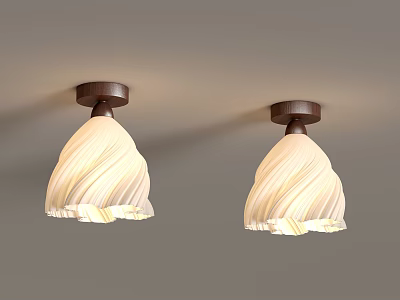 White Wavy Shade Ceiling Light With Brown Base Installed On Gray Ceiling 3d model