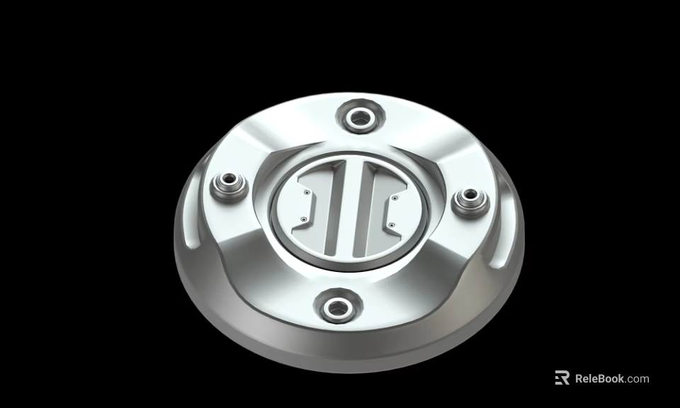 Shiny Silver Circular Metal Cover With Central Logo And Screw Holes 3d model 