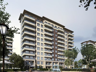 Modern Elegant Residential Building With Multiple Balconies Surrounded by Trees and Fountain 3d model