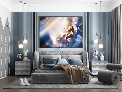 Modern Blue Children's Room Interior Design With Astronaut Mural Grey Bed And Pendant Lights 3d model