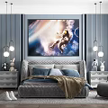 Modern Blue Children's Room Interior Design With Astronaut Mural Grey Bed And Pendant Lights