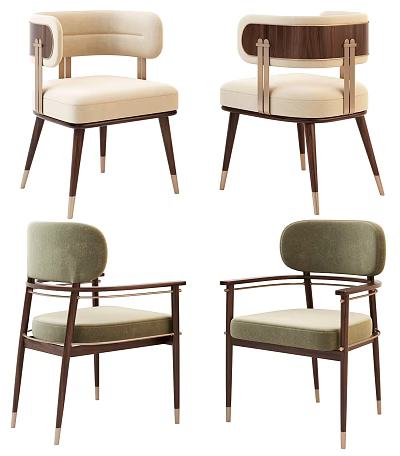Modern Single Accent Chairs with Beige Green Upholstered Seats and Wooden Frames 3d model