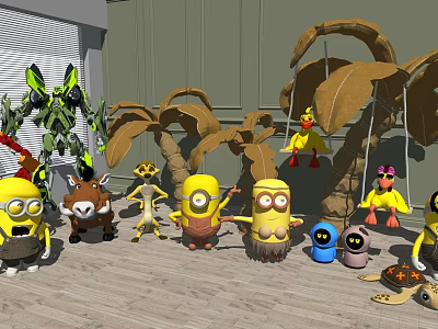 Colorful Minion Dolls And Various Toy Figures With Palm Trees On Wooden Floor 3d model