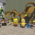 Colorful Minion Dolls And Various Toy Figures With Palm Trees On Wooden Floor