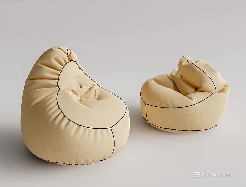 Two Beige Comfortable Rounded Fabric Bean Bag Chairs for Home Use 3d model 