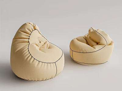 Two Beige Comfortable Rounded Fabric Bean Bag Chairs for Home Use 3d model