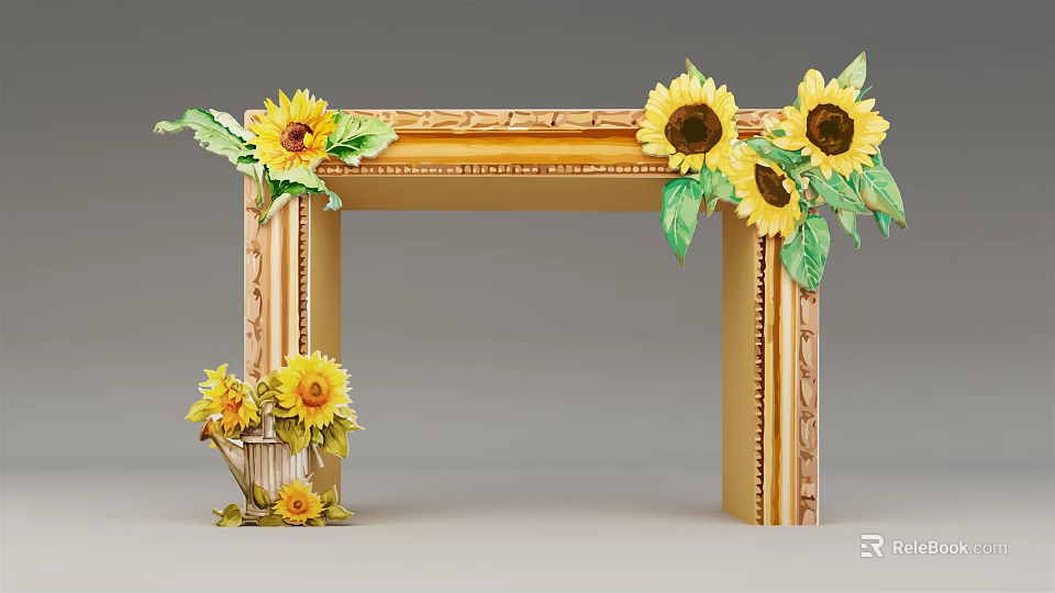 Ornate Carved Wooden Door Arch With Sunflowers And Green Leaves Decoration 3d model 