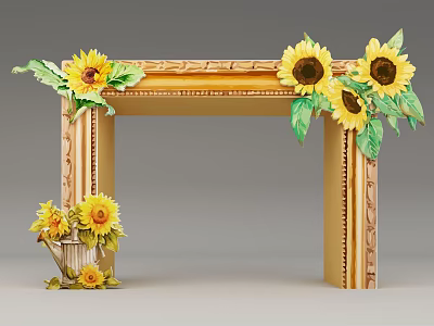 Ornate Carved Wooden Door Arch With Sunflowers And Green Leaves Decoration 3d model