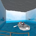 Two People Rowing Boat On Blue Water With City Skyline Trees And Geometric Ceiling
