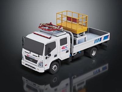 White Work Truck With Yellow Guardrail Platform On Roof And Blue Stripes 3d model