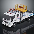 White Work Truck With Yellow Guardrail Platform On Roof And Blue Stripes