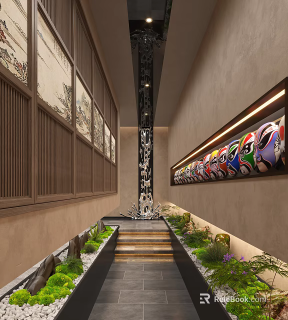 Traditional Chinese Elevator Hallway With Peking Opera Masks Wooden Lattice Decorative Column And Green Plants 3d model 