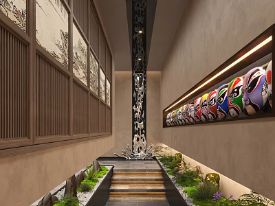 Traditional Chinese Elevator Hallway With Peking Opera Masks Wooden Lattice Decorative Column And Green Plants 3d model